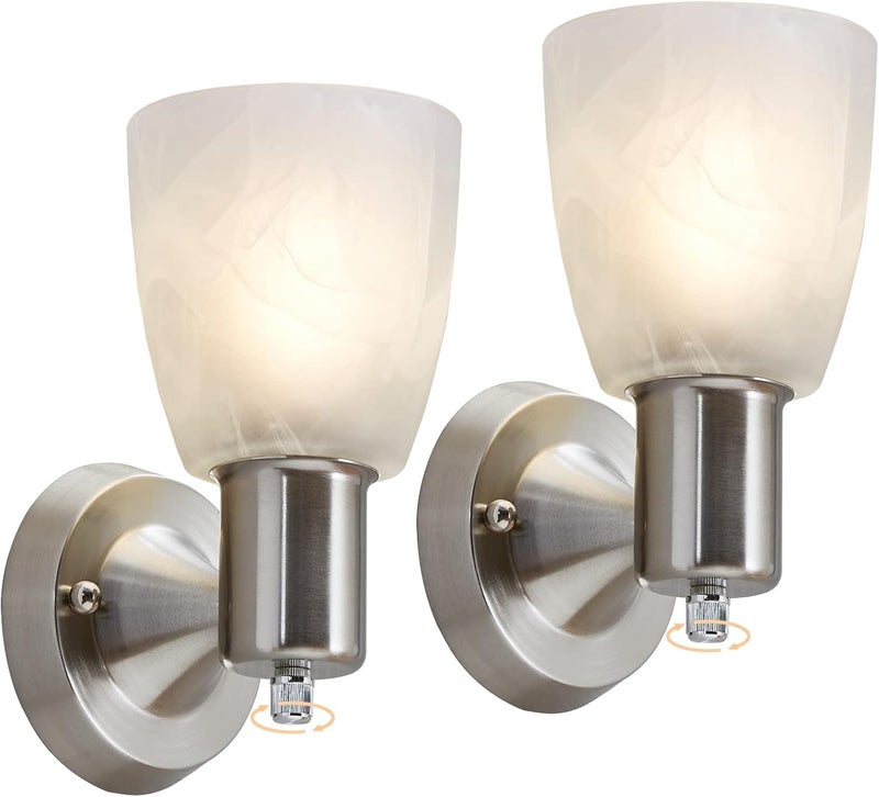 EJIAXIN Wall Sconces Set of 2, Brushed Nickel Vanity Lights for Bathroom, Modern Wall Light Fixtures with Rotary Switch, Wall Mount Light with Frosted Glass, Farmhouse Lamp for Bedroom Living Room - Image 1